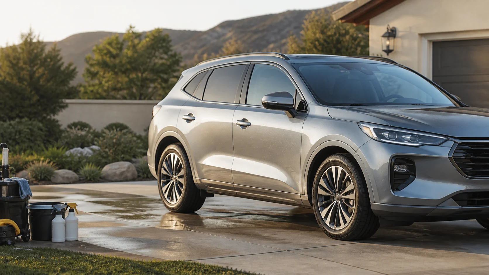Clean silver crossover parked on a Temecula driveway with mobile detailing supplies nearby